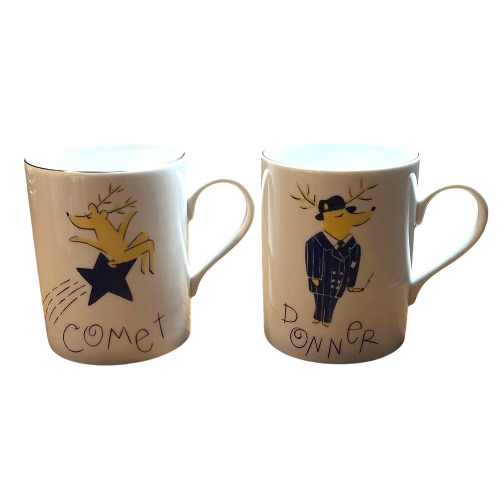 COMET and DONNER Pottery Barn REINDEER Christmas Coffee Mugs Set Of 2